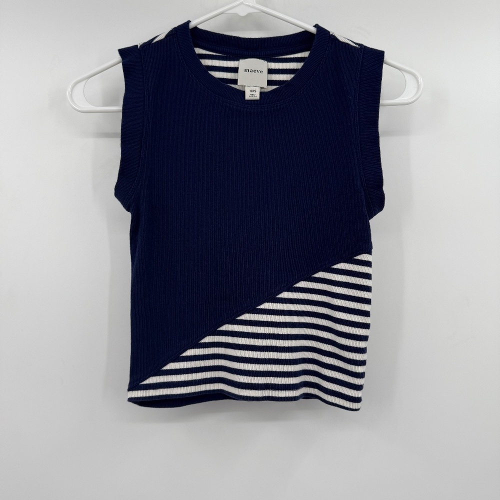 Maeve Anthropologie Tank Top Women XXS BlueWhite Cropped Striped Sleeveless Knit